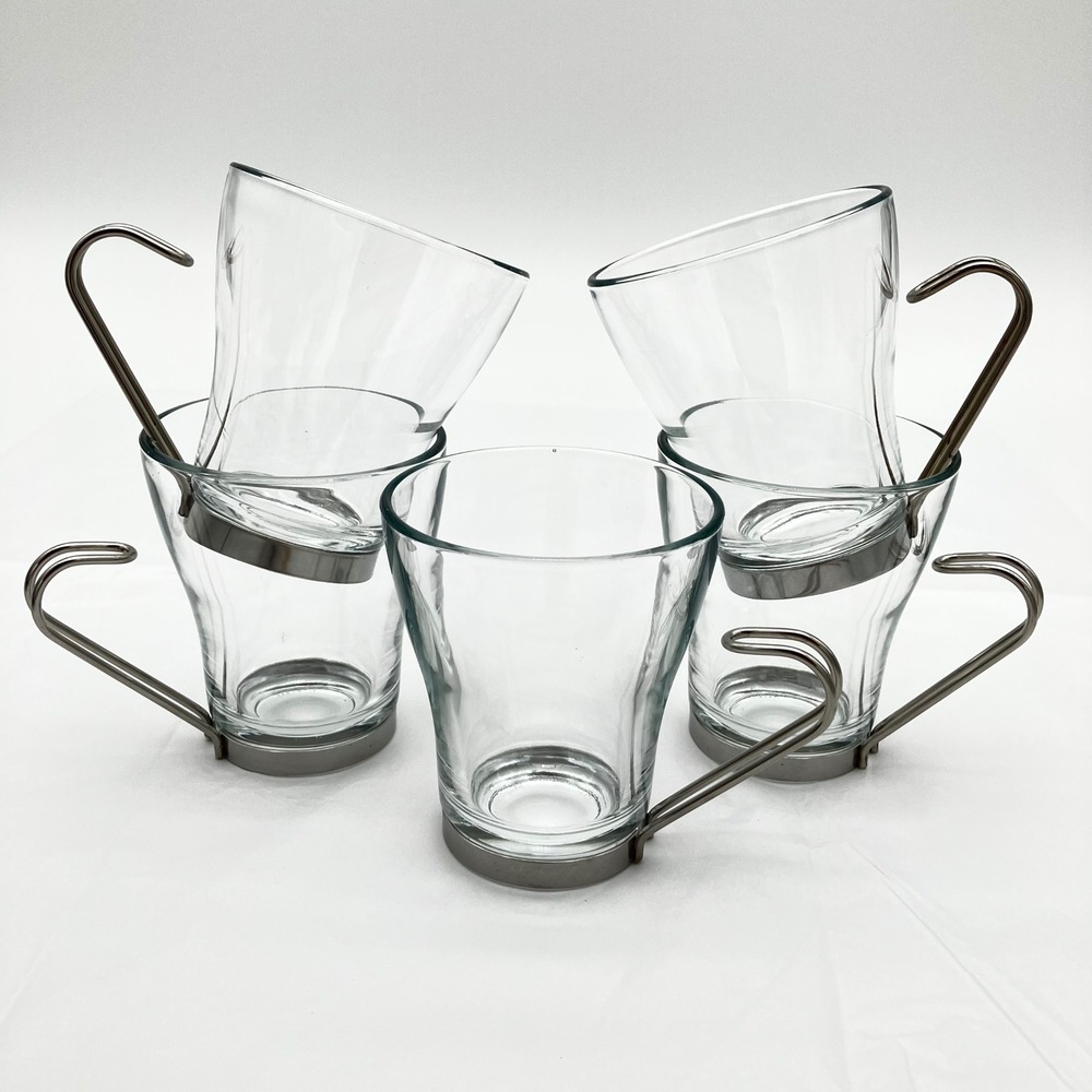 Vitrosak Coffee Espresso Cups Set of 5 Clear Glass Italy Stainless Steel Handle